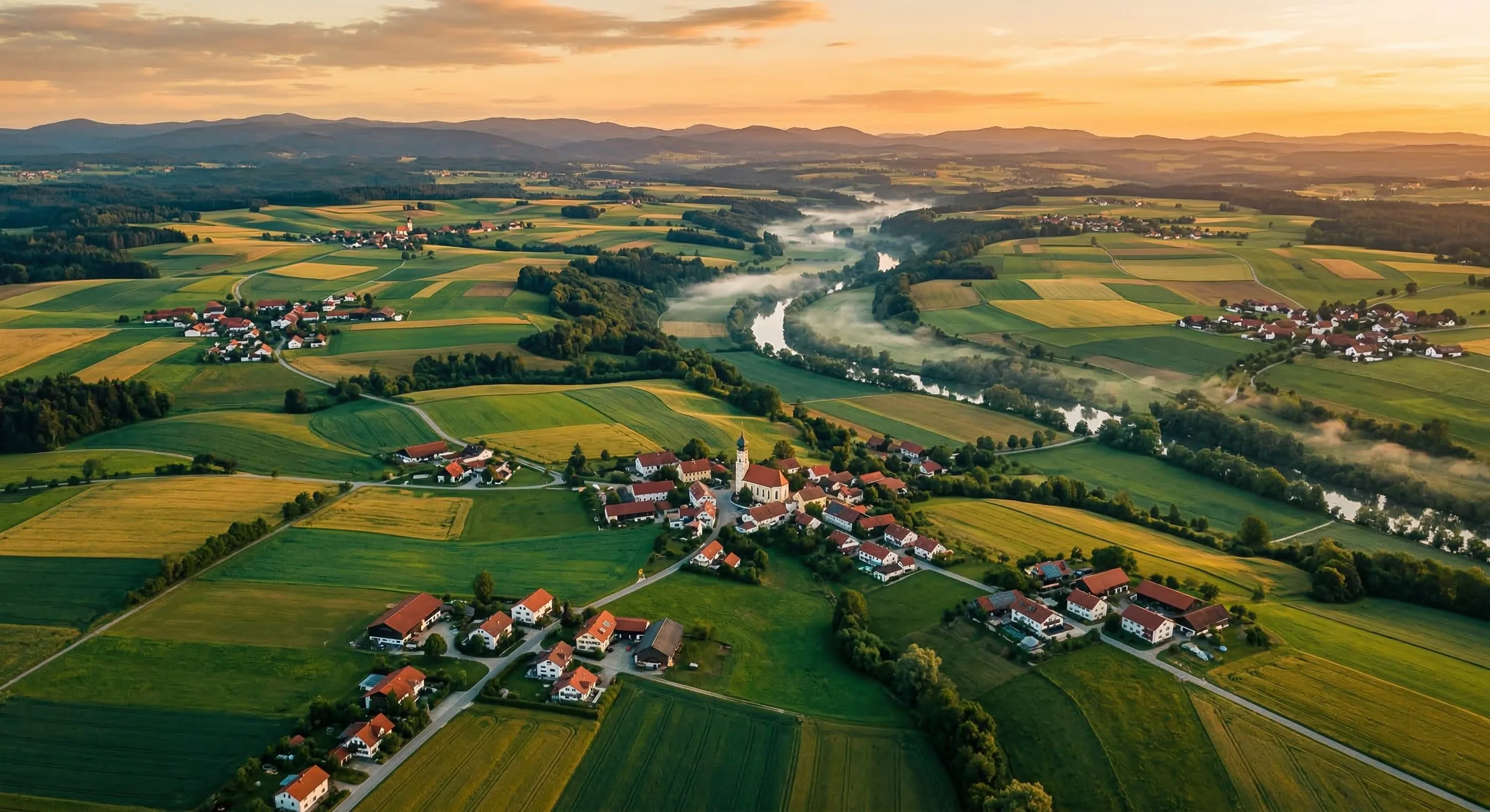 Drohnen-Luftaufnahme eines bayerischen Dorfs bei Sonnenuntergang mit Fluss und grünen Feldern