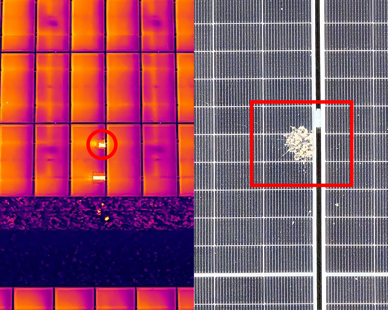 Thermografie-Overlay eines Solarparks aus der Luft mit farbiger Wärmebilddarstellung der Photovoltaik-Module